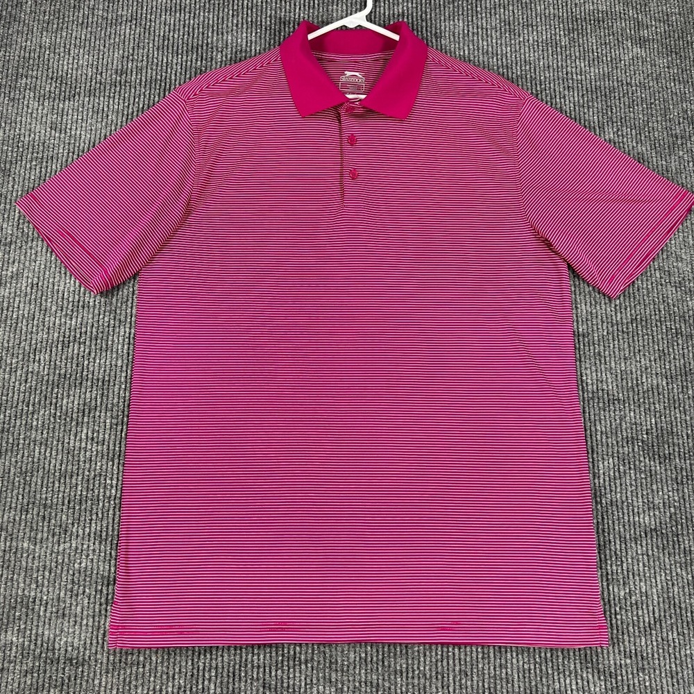 Slazenger Polo Shirt Mens Large Pink Striped Short Sleeve Golf Casual Outdoor